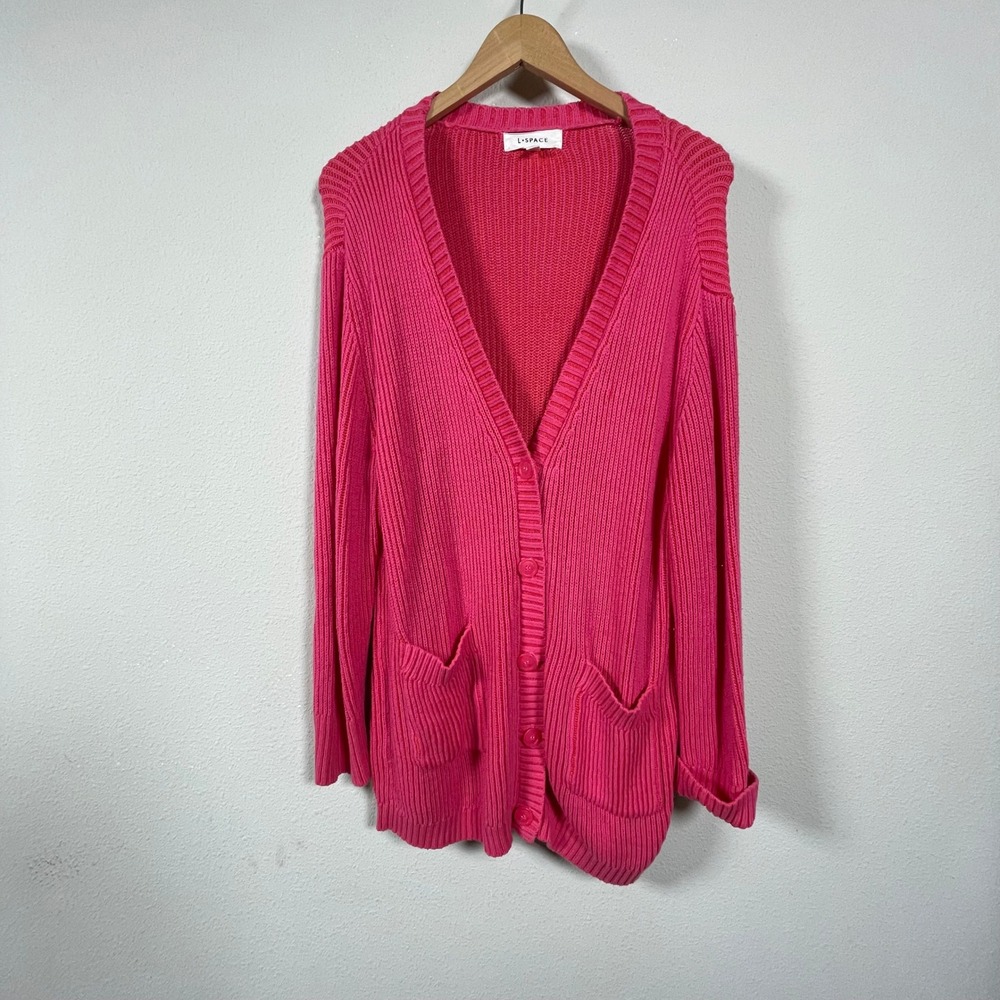 L*Space Cardigan Sweater Womens XL Pink Orange Ribbed Chunky Knit Good Oversized